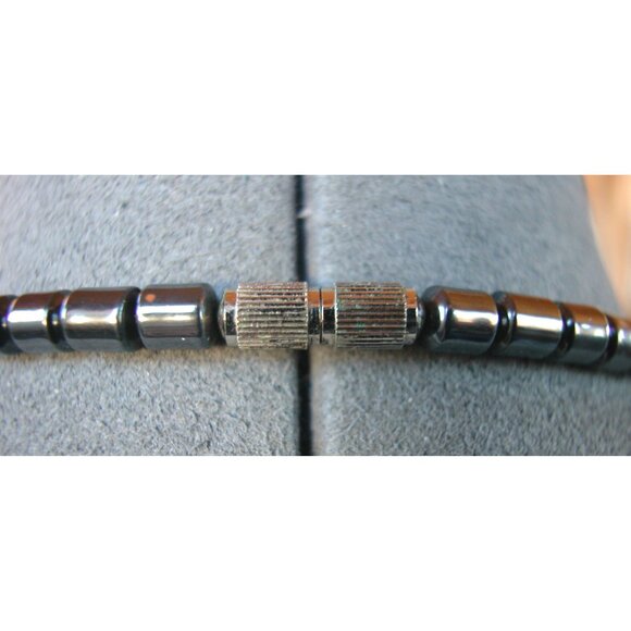 Hematite Necklace 16" With 2" Geometric Pendant Featuring Blue Accent Bead - Picture 5 of 5